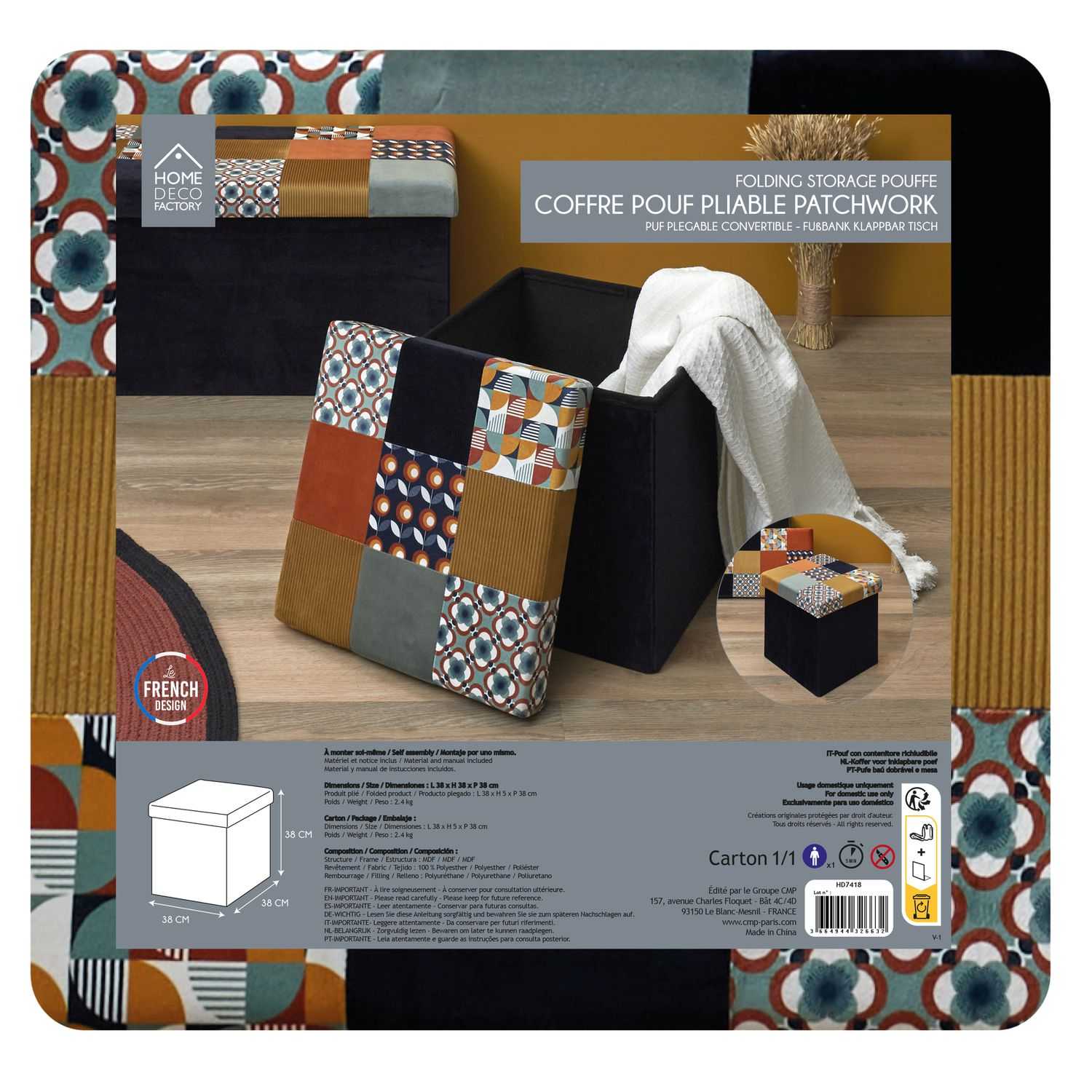 Home Deco Retro Opvouwbare poef Patchwork 38x38x38cm